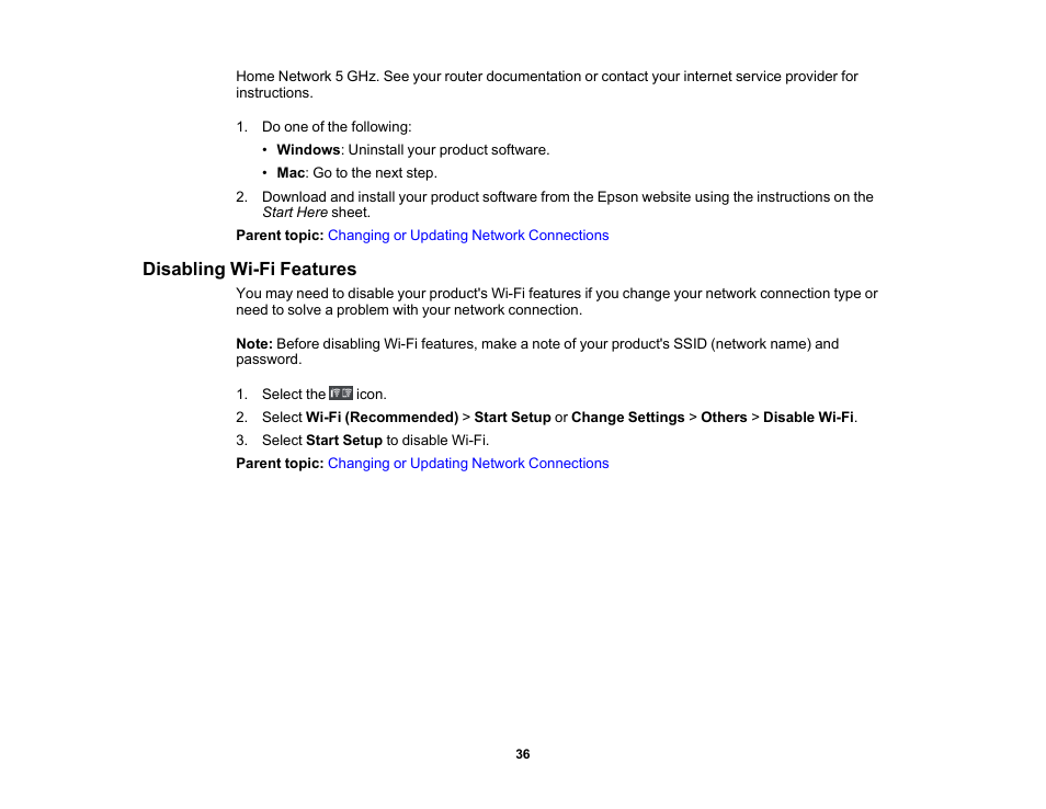 Disabling wi-fi features | Epson SureColor P900 17" Photo Printer User Manual | Page 36 / 158