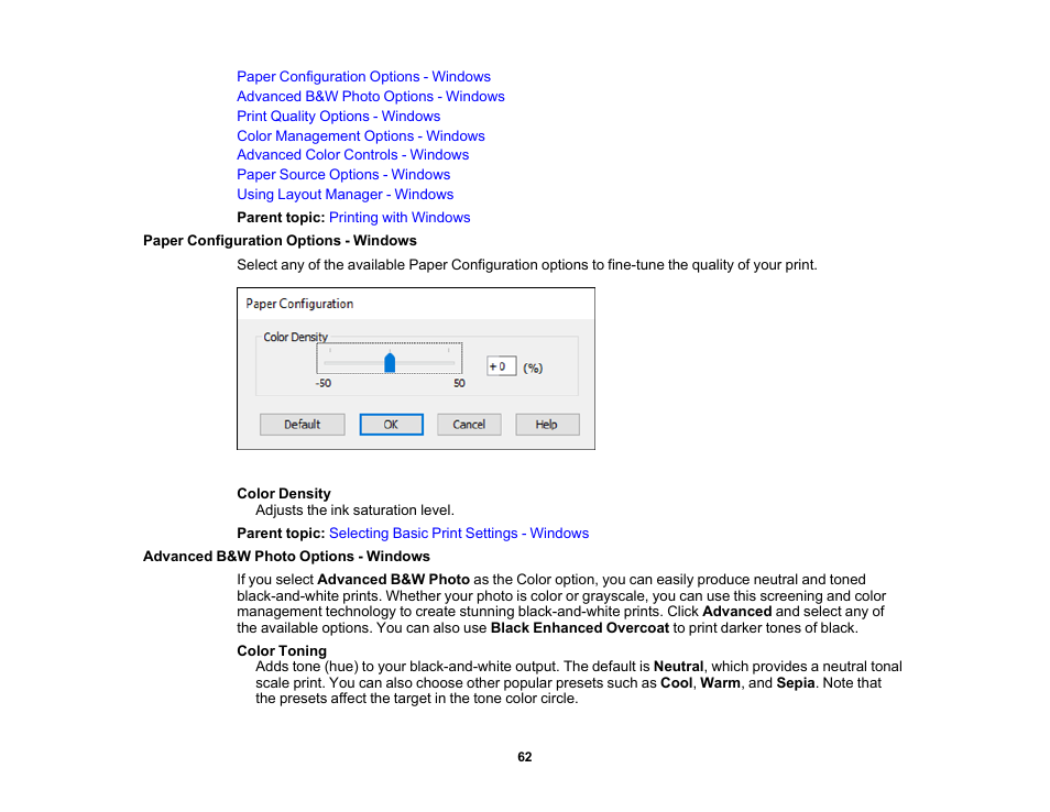 Paper configuration options - windows, Advanced b&w photo options - windows | Epson SureColor P900 17" Photo Printer User Manual | Page 62 / 158