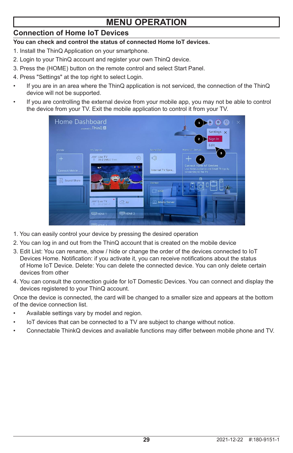 Menu operation, Connection of home iot devices | Peerless-AV Neptune 55" 4K UHD HDR Smart IPS LED Outdoor TV (Partial Sun) User Manual | Page 29 / 96