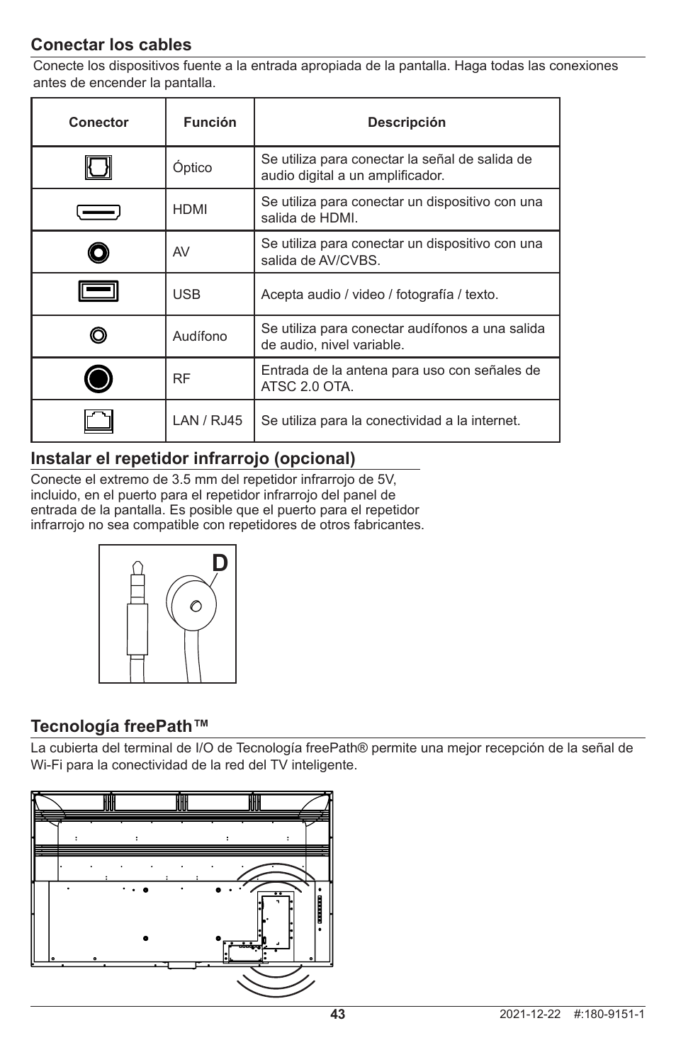 Conectar los cables tecnología freepath, Instalar el repetidor infrarrojo (opcional) | Peerless-AV Neptune 55" 4K UHD HDR Smart IPS LED Outdoor TV (Partial Sun) User Manual | Page 43 / 96
