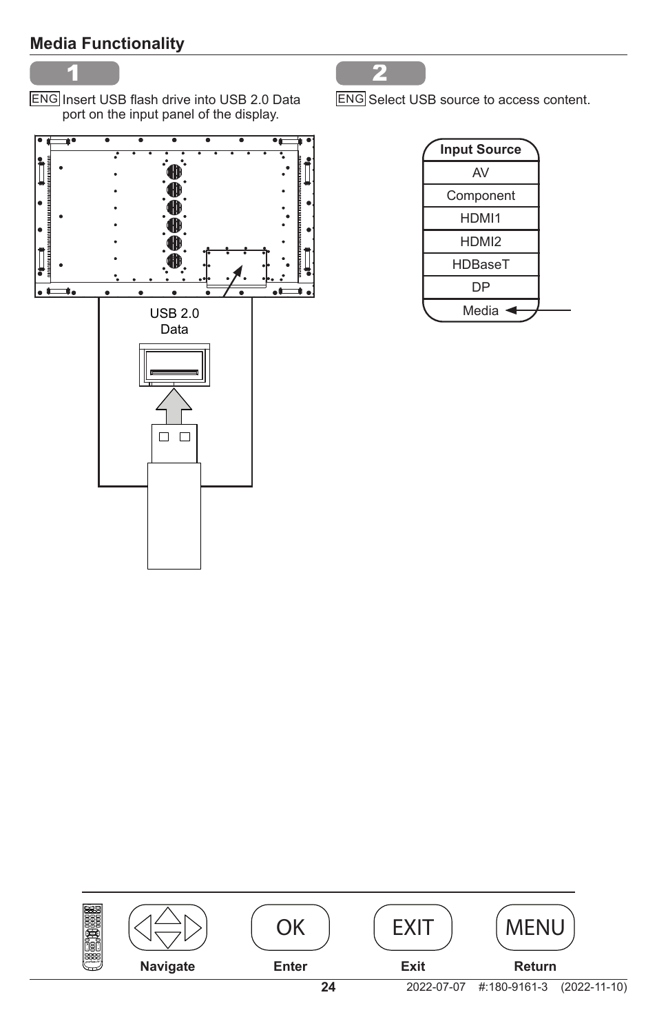 Ok menu exit ok menu exit ok menu exit ok exit, Media functionality | Peerless-AV XHB754 4K UHD Xtreme High Bright LED Outdoor Display (75") User Manual | Page 24 / 84