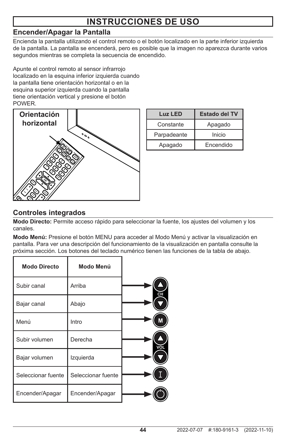 Instrucciones de uso, Encender/apagar la pantalla, Orientación horizontal controles integrados | Peerless-AV XHB754 4K UHD Xtreme High Bright LED Outdoor Display (75") User Manual | Page 44 / 84