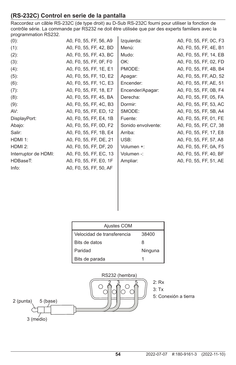 Rs-232c) control en serie de la pantalla | Peerless-AV XHB754 4K UHD Xtreme High Bright LED Outdoor Display (75") User Manual | Page 54 / 84