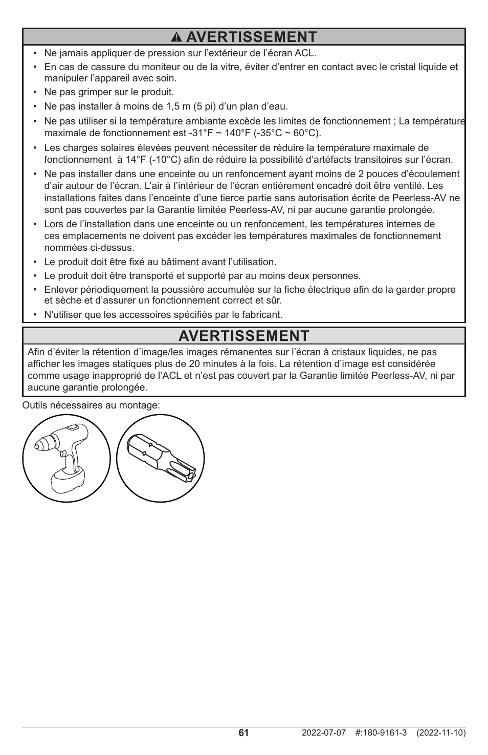 Avertissement | Peerless-AV XHB754 4K UHD Xtreme High Bright LED Outdoor Display (75") User Manual | Page 61 / 84