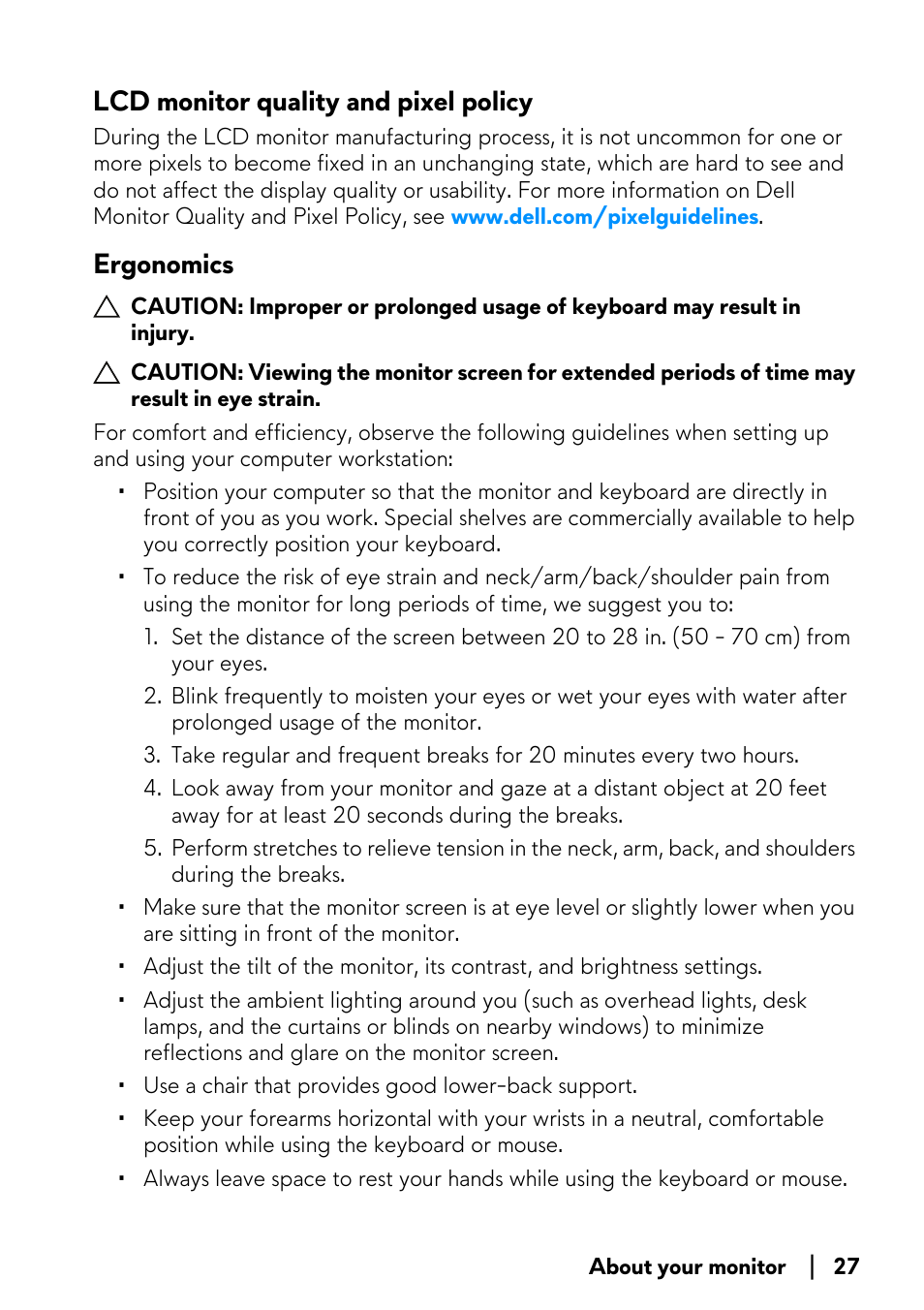 Lcd monitor quality and pixel policy, Ergonomics, Lcd monitor quality and pixel policy ergonomics | Alienware AW3821DW 37.5" 1600p 144 Hz Curved Gaming Monitor User Manual | Page 27 / 71