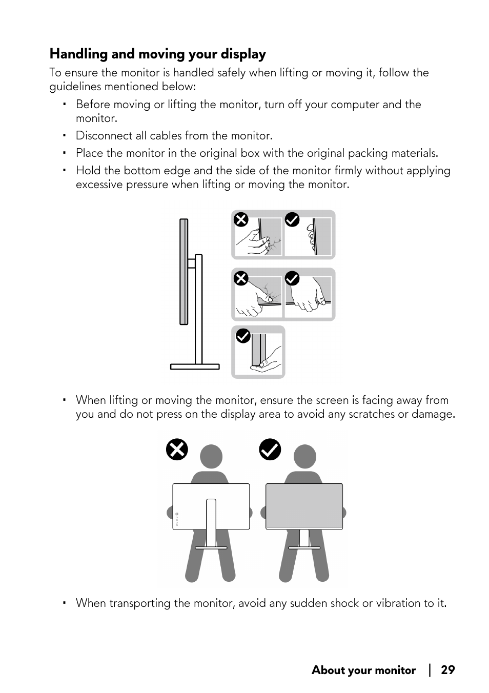 Handling and moving your display | Alienware AW3821DW 37.5" 1600p 144 Hz Curved Gaming Monitor User Manual | Page 29 / 71