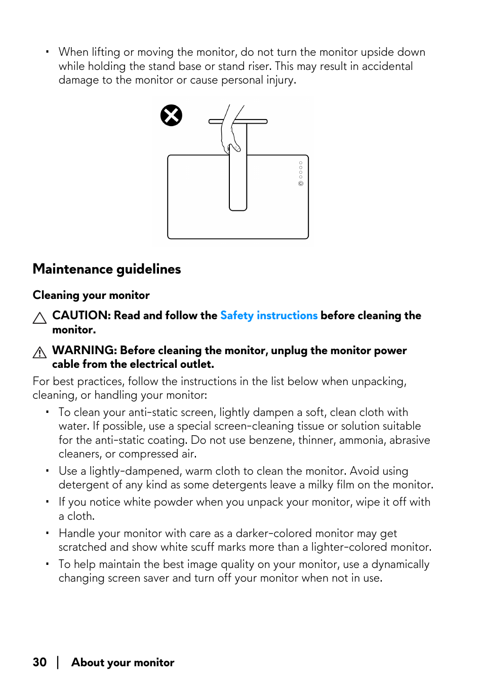 Maintenance guidelines, Cleaning your monitor | Alienware AW3821DW 37.5" 1600p 144 Hz Curved Gaming Monitor User Manual | Page 30 / 71