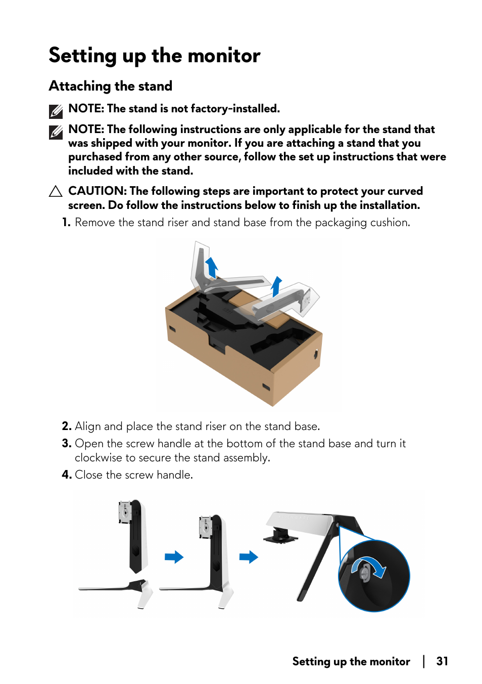 Setting up the monitor, Attaching the stand | Alienware AW3821DW 37.5" 1600p 144 Hz Curved Gaming Monitor User Manual | Page 31 / 71