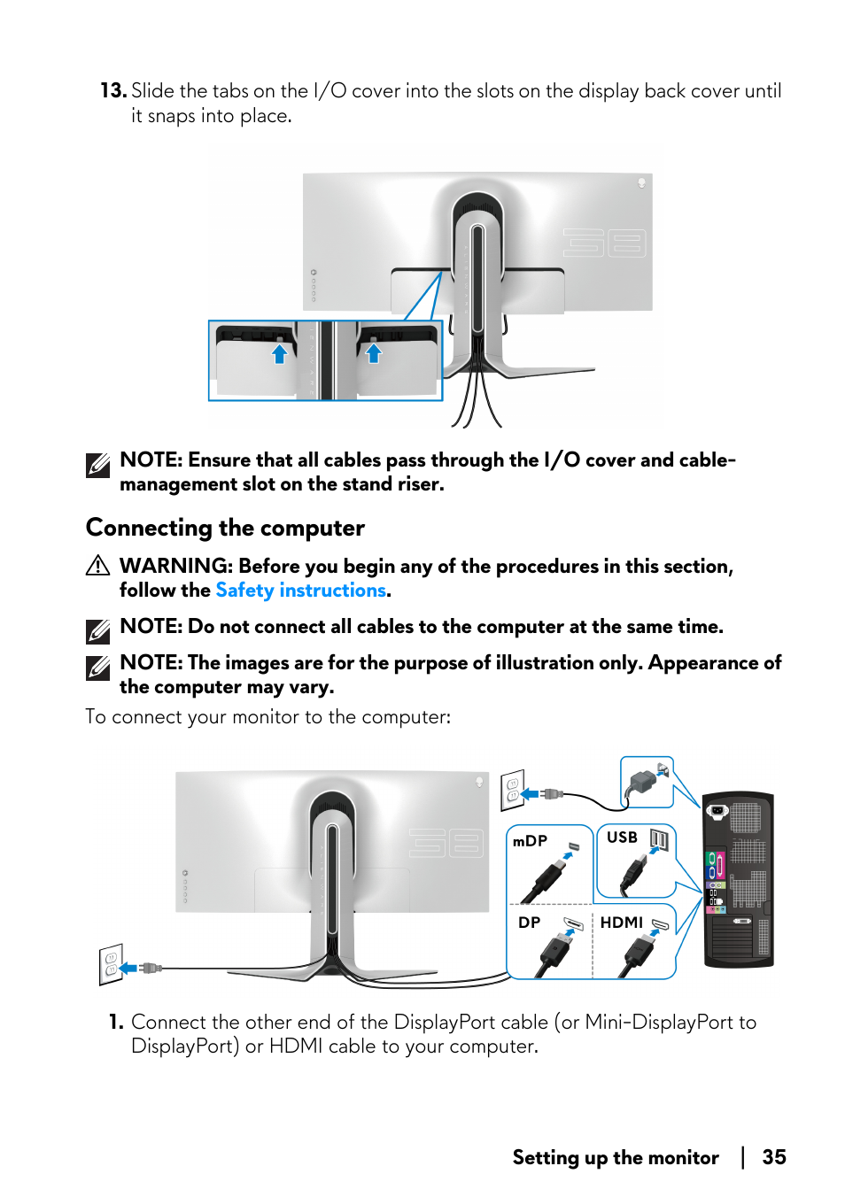 Connecting the computer | Alienware AW3821DW 37.5" 1600p 144 Hz Curved Gaming Monitor User Manual | Page 35 / 71