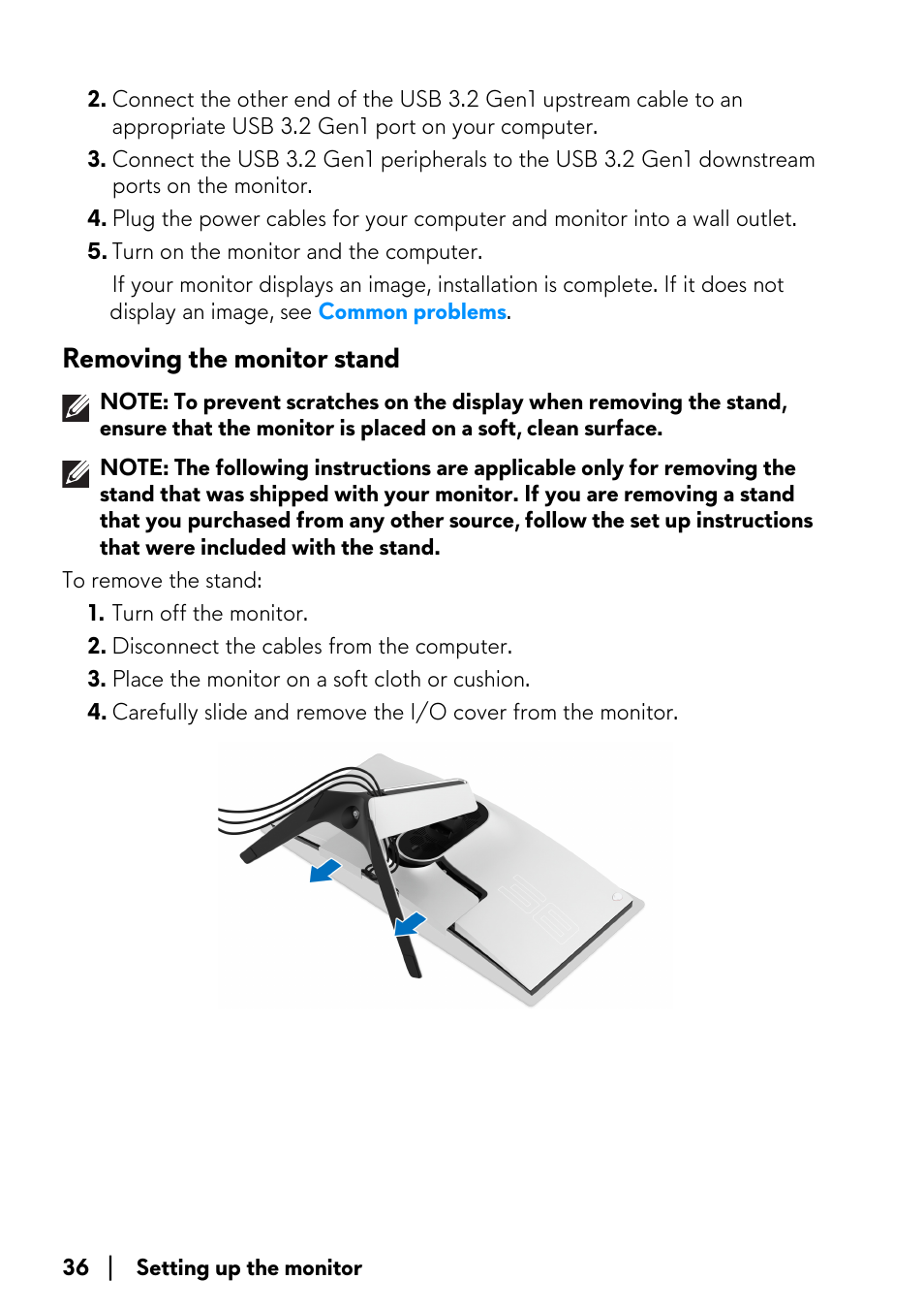 Removing the monitor stand | Alienware AW3821DW 37.5" 1600p 144 Hz Curved Gaming Monitor User Manual | Page 36 / 71