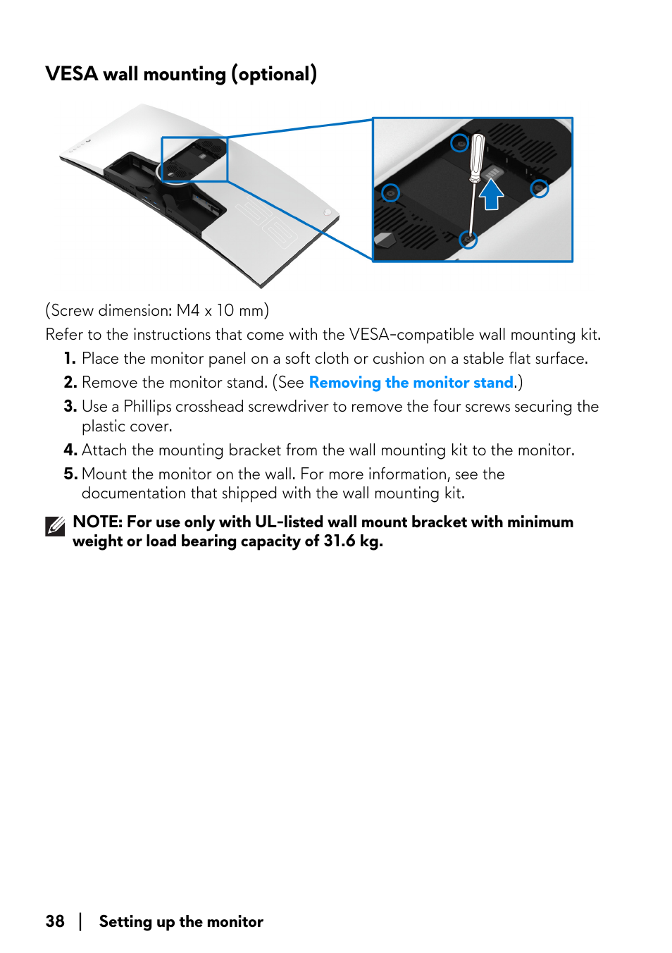 Vesa wall mounting (optional) | Alienware AW3821DW 37.5" 1600p 144 Hz Curved Gaming Monitor User Manual | Page 38 / 71