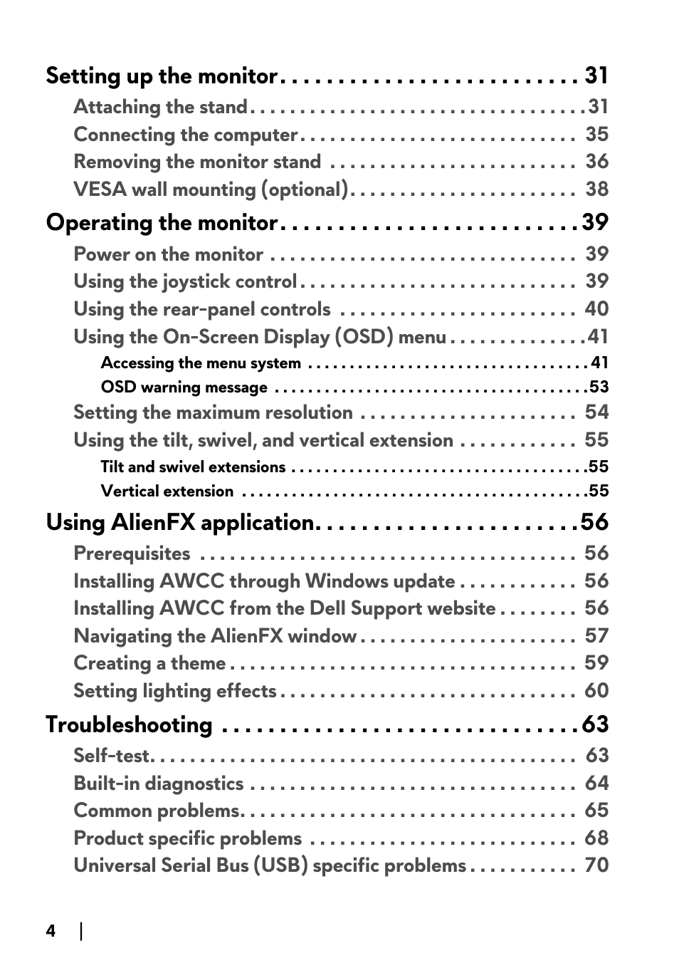 Setting up the monitor, Operating the monitor, Using alienfx application | Troubleshooting | Alienware AW3821DW 37.5" 1600p 144 Hz Curved Gaming Monitor User Manual | Page 4 / 71