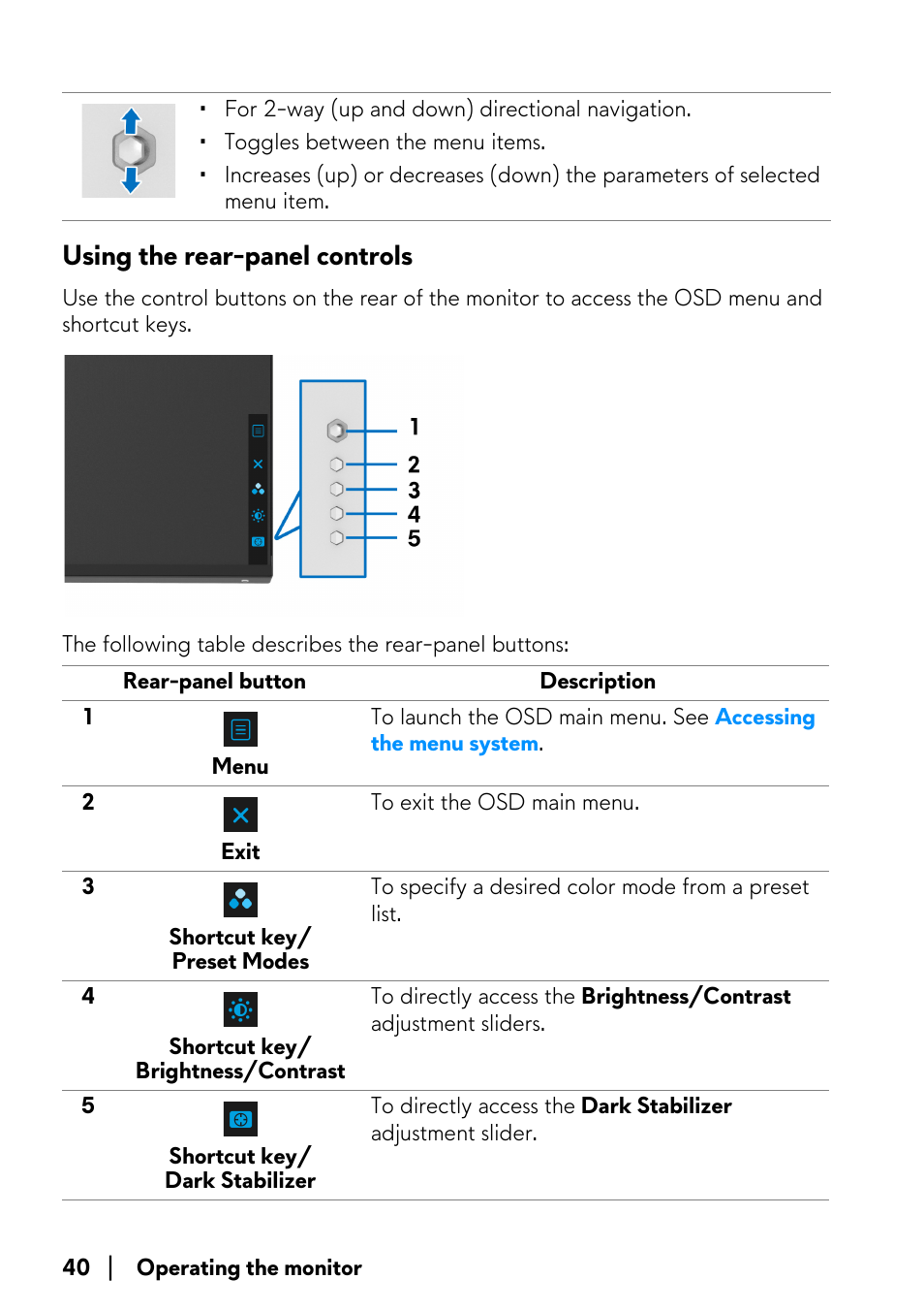 Using the rear-panel controls | Alienware AW3821DW 37.5" 1600p 144 Hz Curved Gaming Monitor User Manual | Page 40 / 71