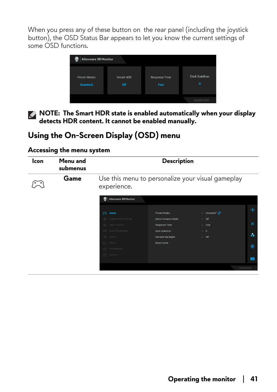Using the on-screen display (osd) menu, Accessing the menu system | Alienware AW3821DW 37.5" 1600p 144 Hz Curved Gaming Monitor User Manual | Page 41 / 71
