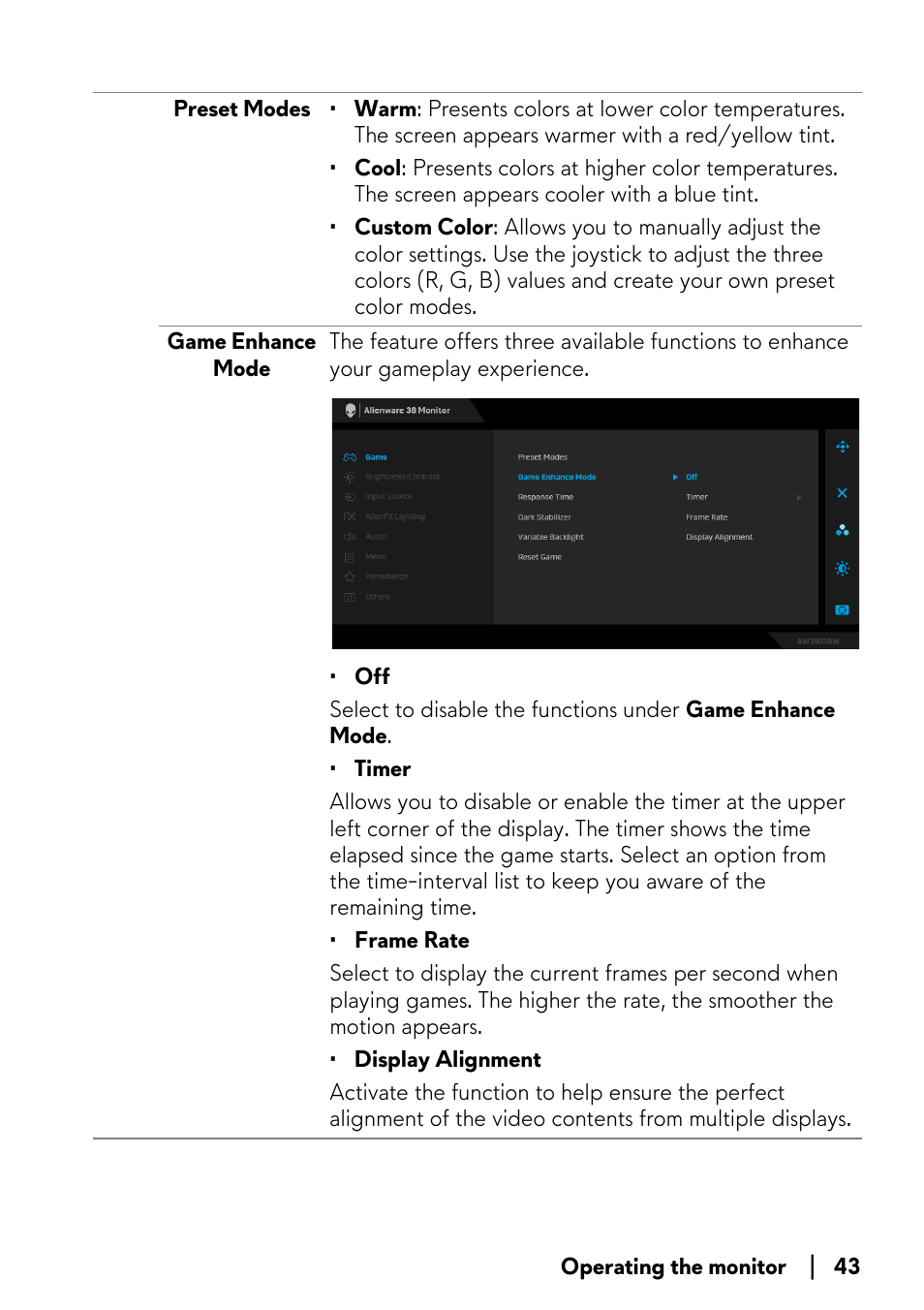 Alienware AW3821DW 37.5" 1600p 144 Hz Curved Gaming Monitor User Manual | Page 43 / 71