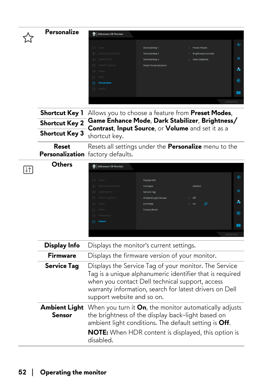 Alienware AW3821DW 37.5" 1600p 144 Hz Curved Gaming Monitor User Manual | Page 52 / 71