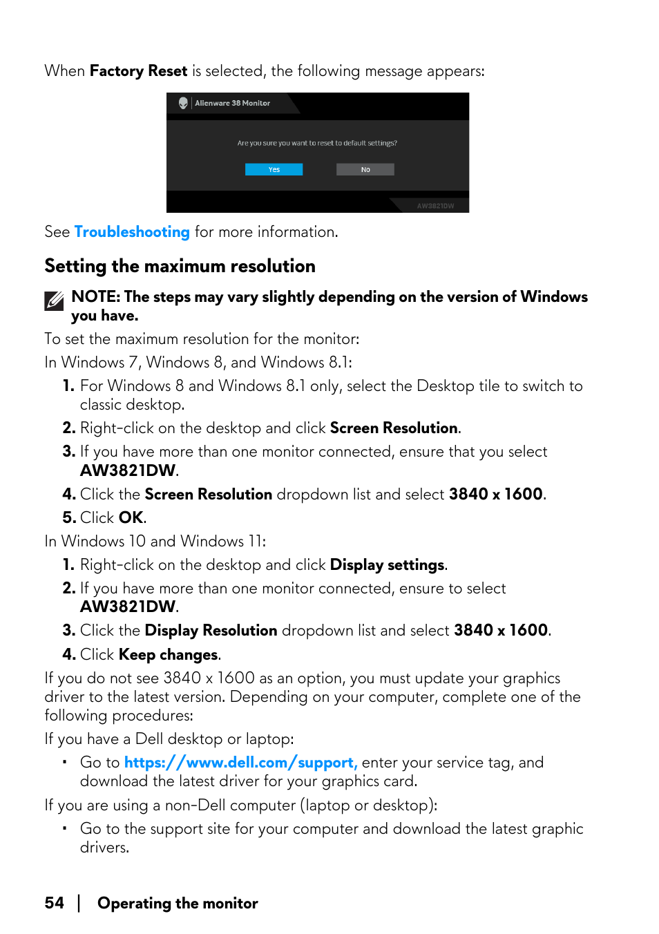 Setting the maximum resolution | Alienware AW3821DW 37.5" 1600p 144 Hz Curved Gaming Monitor User Manual | Page 54 / 71
