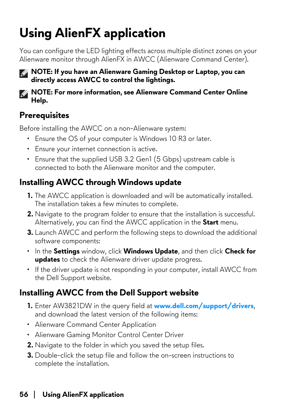 Using alienfx application, Prerequisites, Installing awcc through windows update | Installing awcc from the dell support website | Alienware AW3821DW 37.5" 1600p 144 Hz Curved Gaming Monitor User Manual | Page 56 / 71