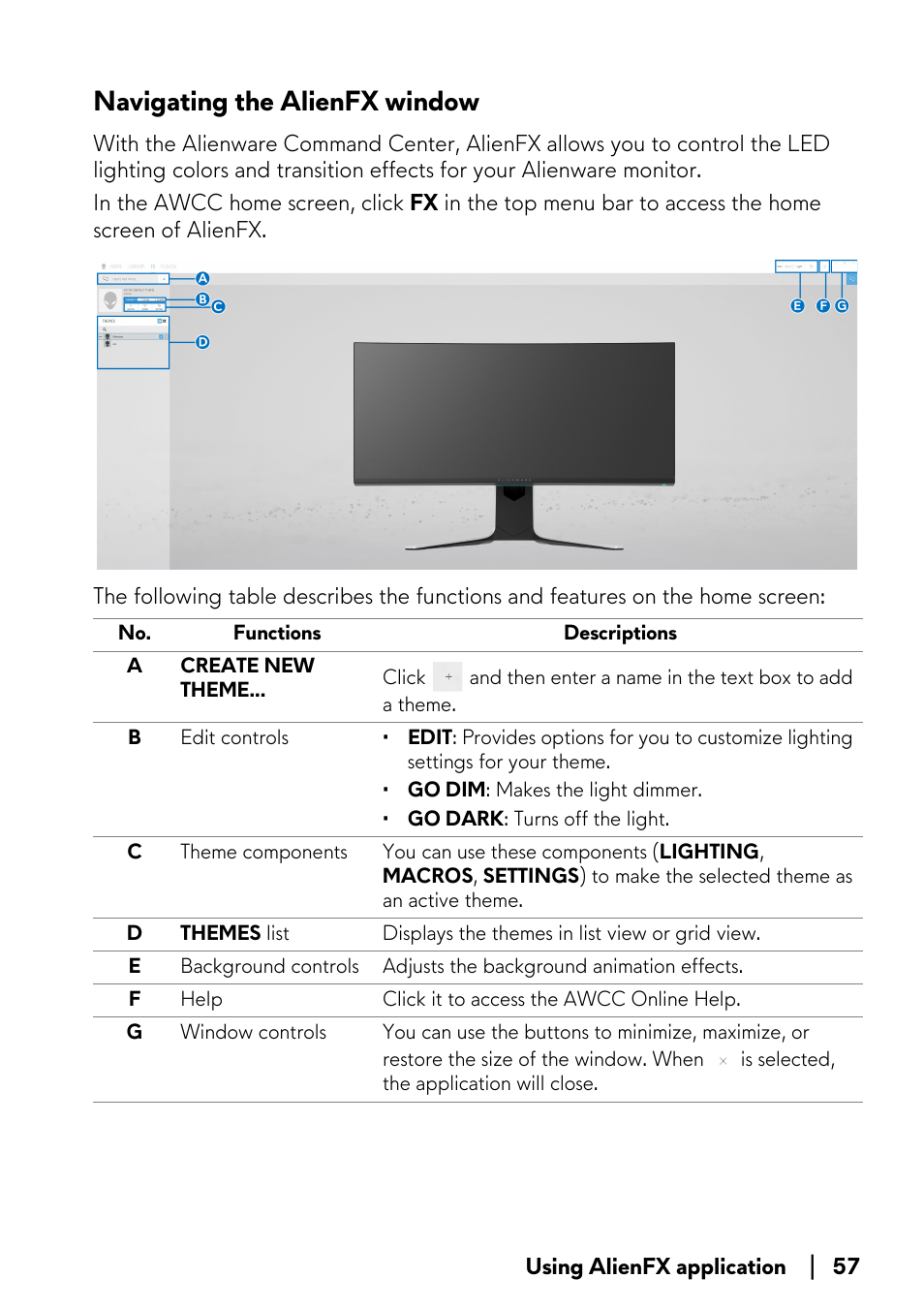 Navigating the alienfx window | Alienware AW3821DW 37.5" 1600p 144 Hz Curved Gaming Monitor User Manual | Page 57 / 71