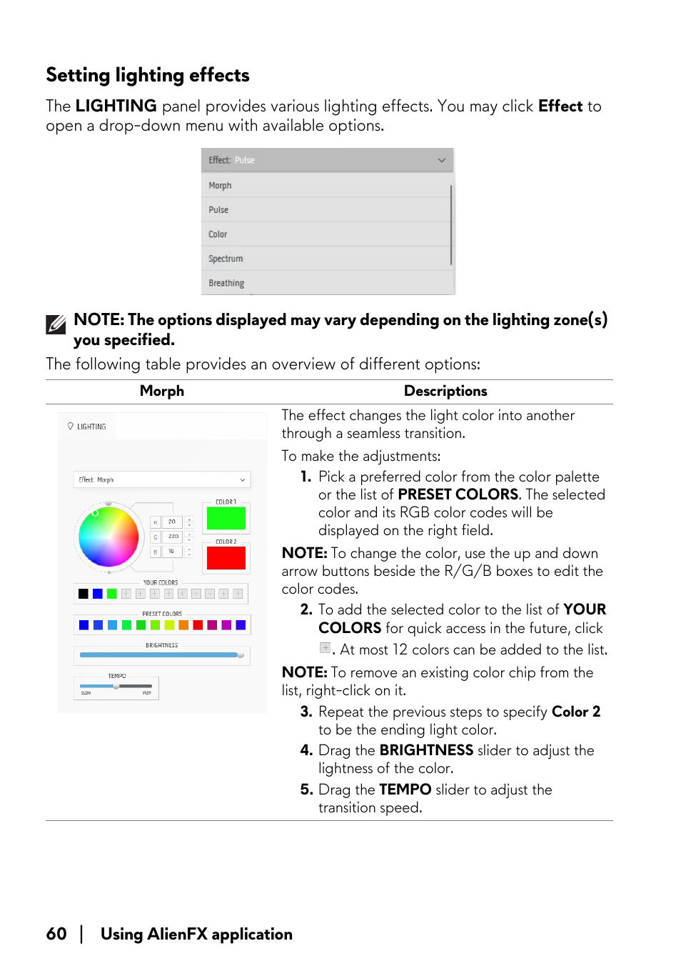 Setting lighting effects, Morph, For deta | Alienware AW3821DW 37.5" 1600p 144 Hz Curved Gaming Monitor User Manual | Page 60 / 71