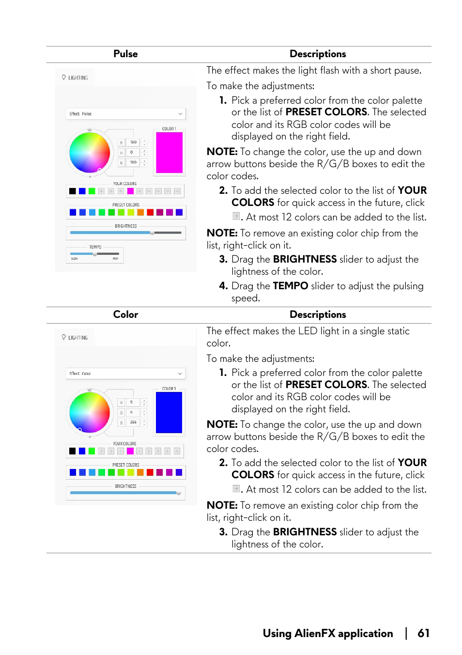 Pulse, Color | Alienware AW3821DW 37.5" 1600p 144 Hz Curved Gaming Monitor User Manual | Page 61 / 71