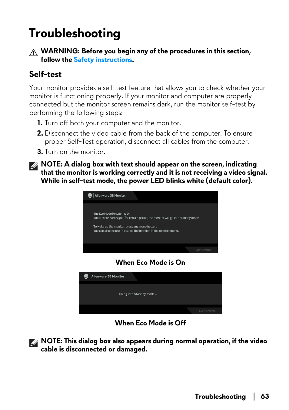 Troubleshooting, Self-test | Alienware AW3821DW 37.5" 1600p 144 Hz Curved Gaming Monitor User Manual | Page 63 / 71