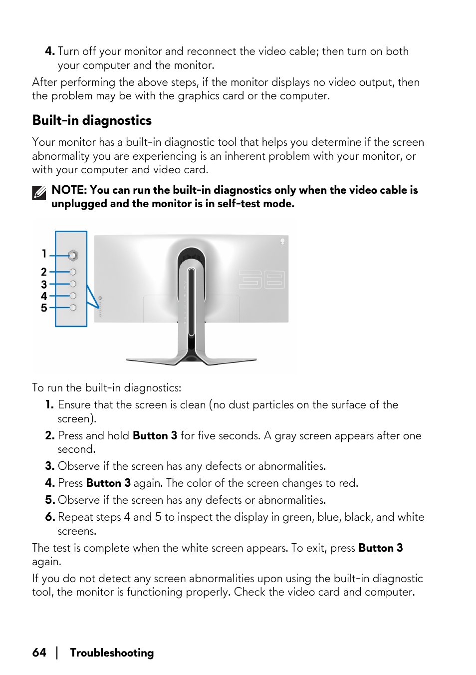 Built-in diagnostics | Alienware AW3821DW 37.5" 1600p 144 Hz Curved Gaming Monitor User Manual | Page 64 / 71