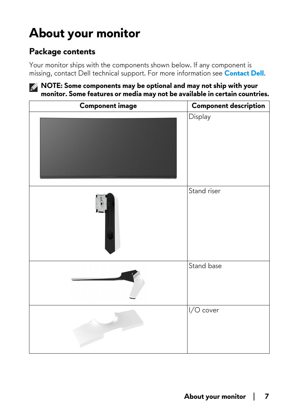 About your monitor, Package contents | Alienware AW3821DW 37.5" 1600p 144 Hz Curved Gaming Monitor User Manual | Page 7 / 71