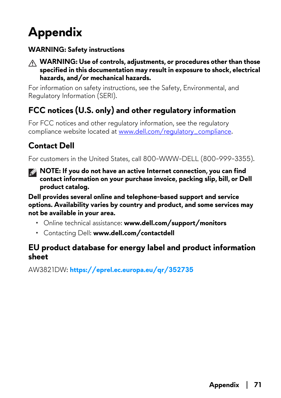 Appendix, Contact dell, Fcc notices (u.s. only) and other regulatory | Information sheet | Alienware AW3821DW 37.5" 1600p 144 Hz Curved Gaming Monitor User Manual | Page 71 / 71