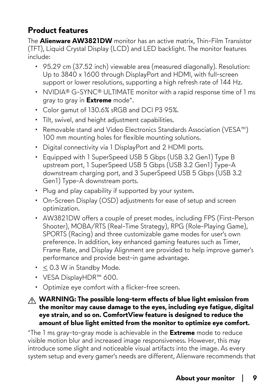 Product features | Alienware AW3821DW 37.5" 1600p 144 Hz Curved Gaming Monitor User Manual | Page 9 / 71
