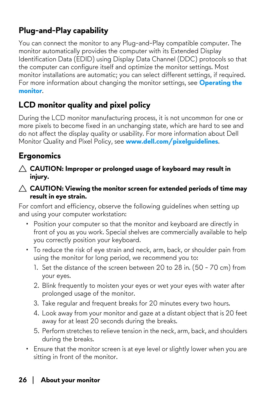 Plug-and-play capability, Lcd monitor quality and pixel policy, Ergonomics | Alienware AW2723DF 27" 1440p 280Hz Gaming Monitor (Lunar Light) User Manual | Page 26 / 91