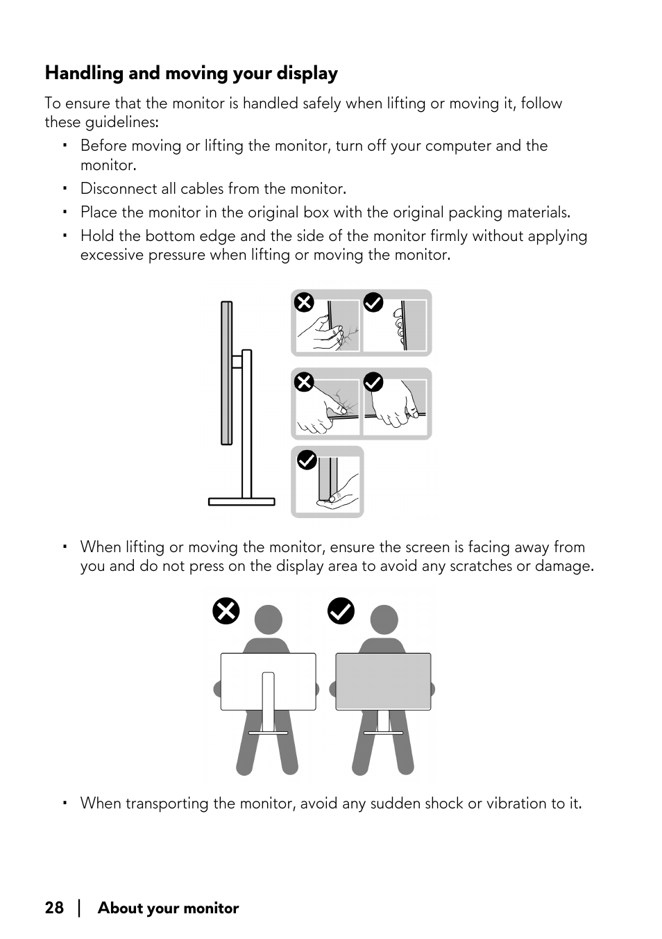 Handling and moving your display | Alienware AW2723DF 27" 1440p 280Hz Gaming Monitor (Lunar Light) User Manual | Page 28 / 91