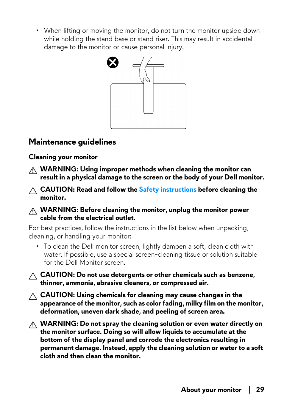 Maintenance guidelines, Cleaning your monitor | Alienware AW2723DF 27" 1440p 280Hz Gaming Monitor (Lunar Light) User Manual | Page 29 / 91