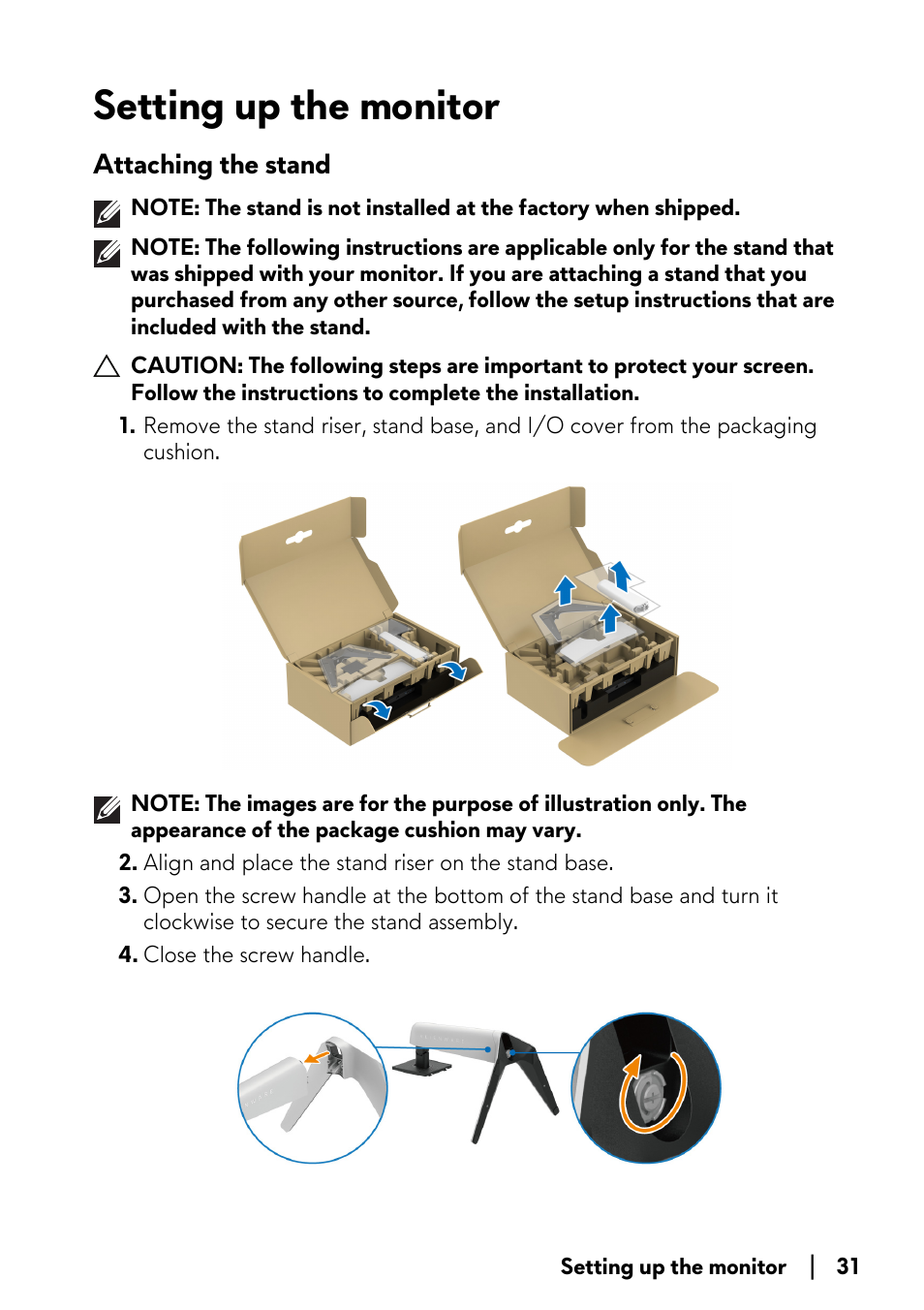 Setting up the monitor, Attaching the stand | Alienware AW2723DF 27" 1440p 280Hz Gaming Monitor (Lunar Light) User Manual | Page 31 / 91