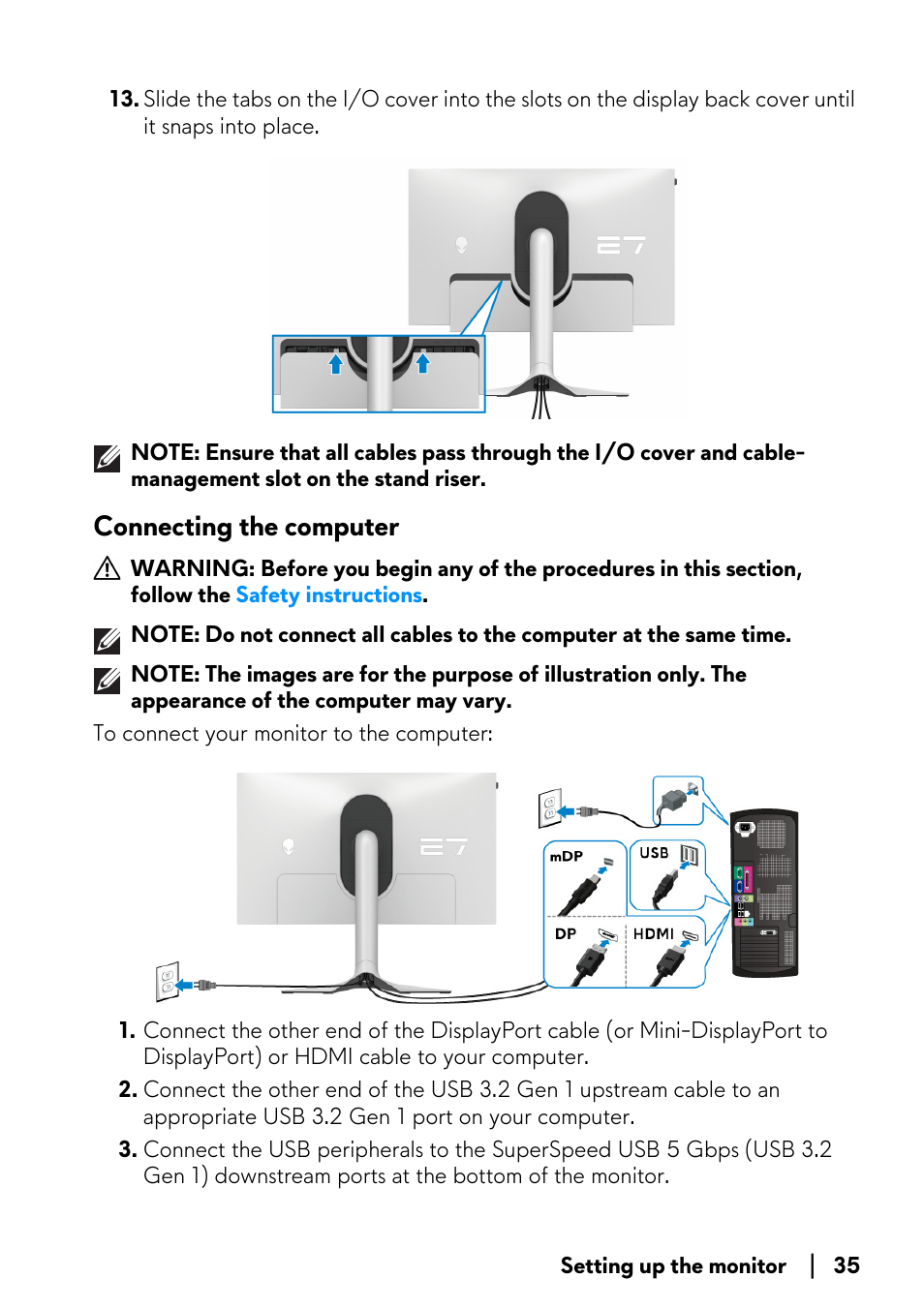 Connecting the computer | Alienware AW2723DF 27" 1440p 280Hz Gaming Monitor (Lunar Light) User Manual | Page 35 / 91