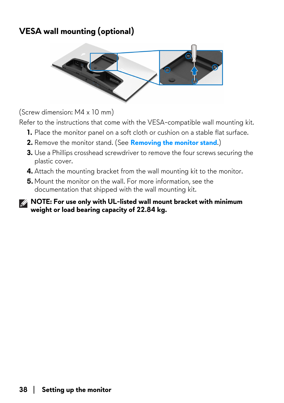 Vesa wall mounting (optional) | Alienware AW2723DF 27" 1440p 280Hz Gaming Monitor (Lunar Light) User Manual | Page 38 / 91