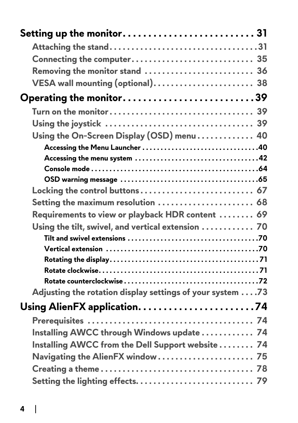 Setting up the monitor, Operating the monitor, Using alienfx application | Alienware AW2723DF 27" 1440p 280Hz Gaming Monitor (Lunar Light) User Manual | Page 4 / 91