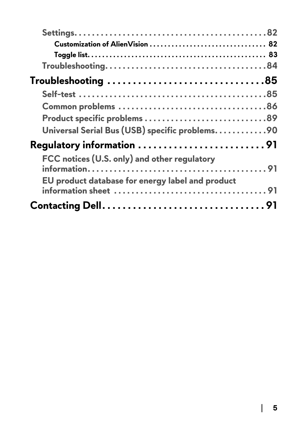 Troubleshooting, Regulatory information, Contacting dell | Alienware AW2723DF 27" 1440p 280Hz Gaming Monitor (Lunar Light) User Manual | Page 5 / 91