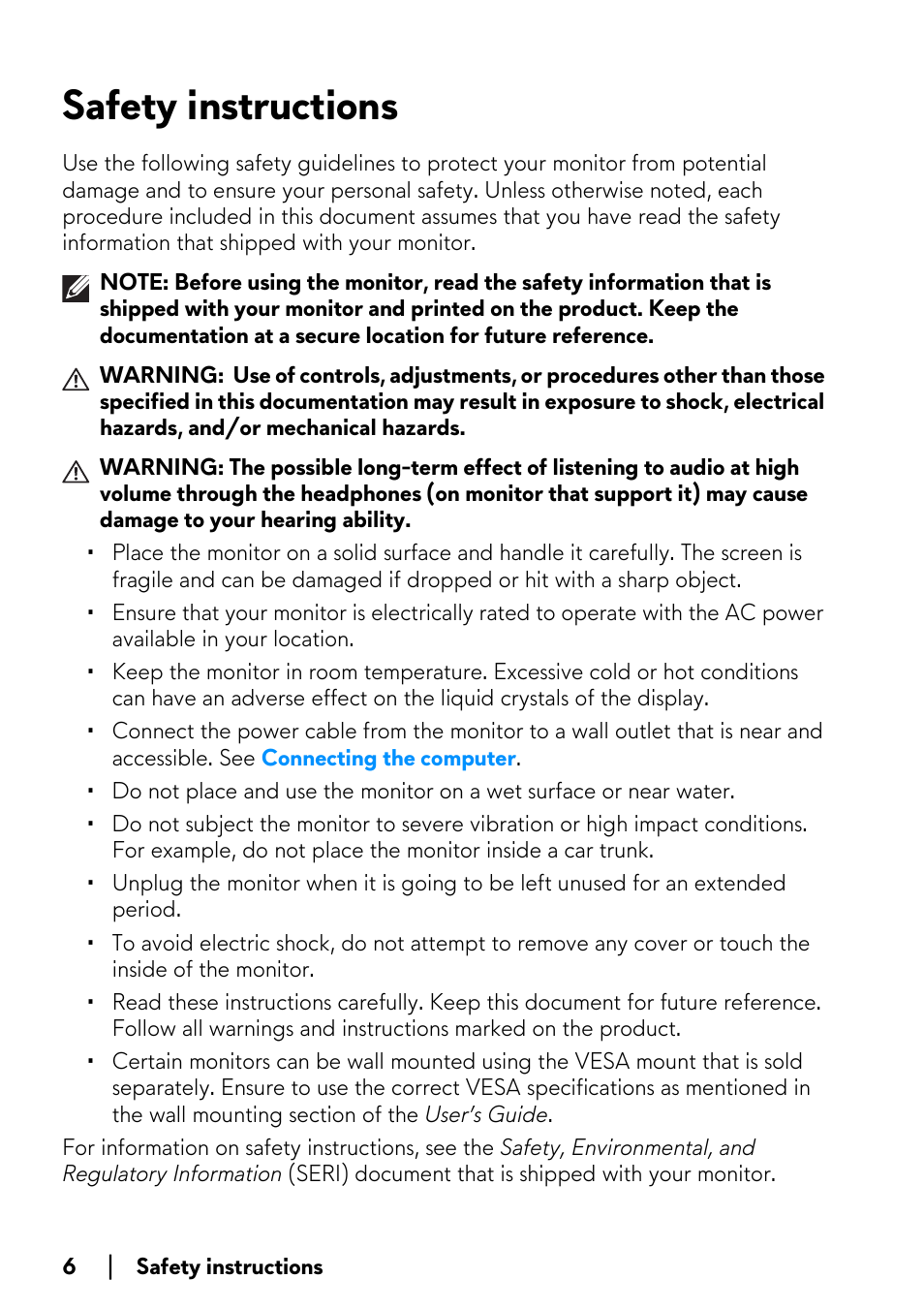 Safety instructions | Alienware AW2723DF 27" 1440p 280Hz Gaming Monitor (Lunar Light) User Manual | Page 6 / 91