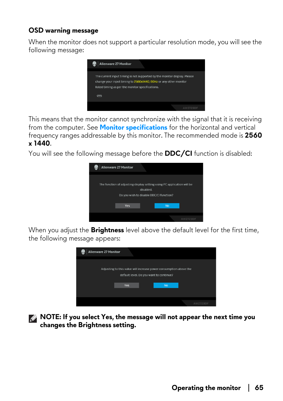 Osd warning message | Alienware AW2723DF 27" 1440p 280Hz Gaming Monitor (Lunar Light) User Manual | Page 65 / 91