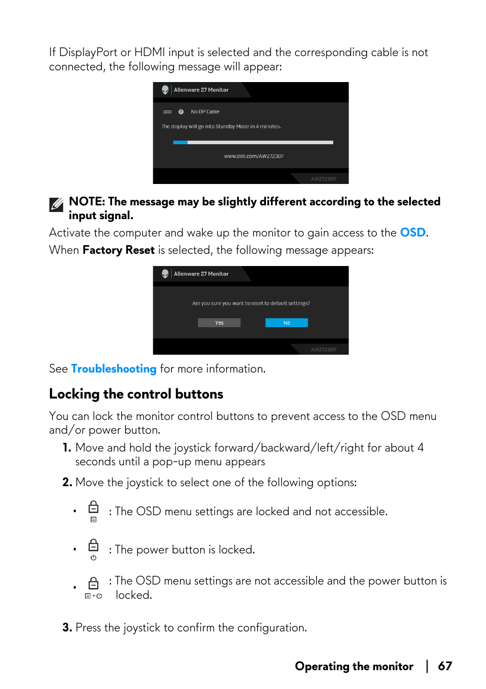 Locking the control buttons | Alienware AW2723DF 27" 1440p 280Hz Gaming Monitor (Lunar Light) User Manual | Page 67 / 91