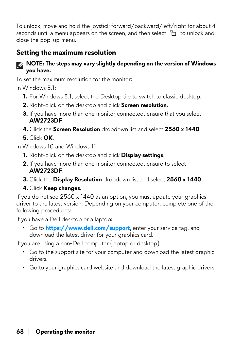 Setting the maximum resolution | Alienware AW2723DF 27" 1440p 280Hz Gaming Monitor (Lunar Light) User Manual | Page 68 / 91