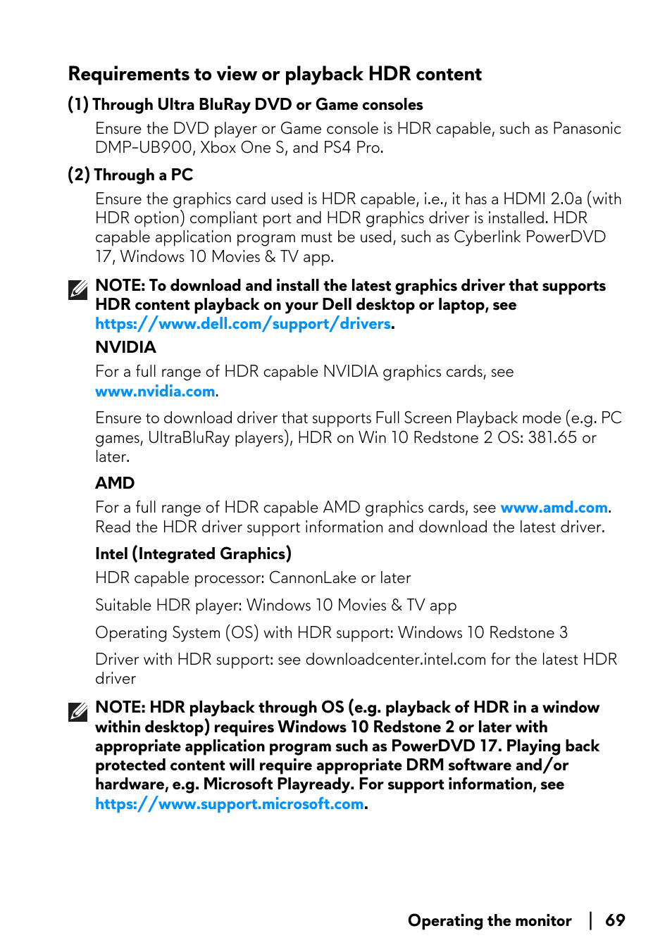 Requirements to view or playback hdr content | Alienware AW2723DF 27" 1440p 280Hz Gaming Monitor (Lunar Light) User Manual | Page 69 / 91