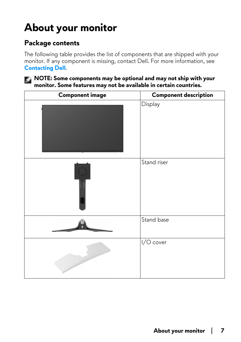 About your monitor, Package contents | Alienware AW2723DF 27" 1440p 280Hz Gaming Monitor (Lunar Light) User Manual | Page 7 / 91