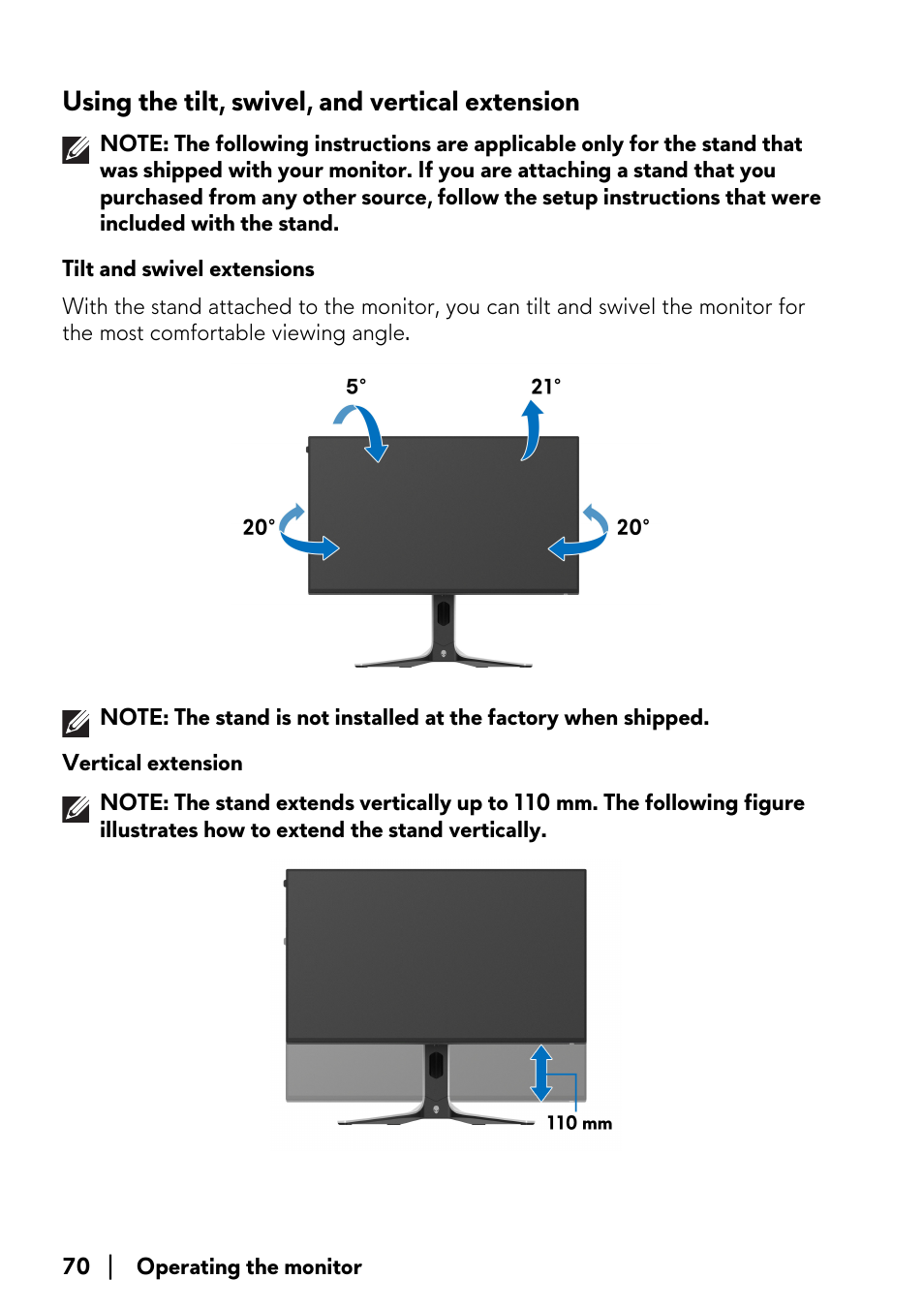 Using the tilt, swivel, and vertical extension, Tilt and swivel extensions vertical extension | Alienware AW2723DF 27" 1440p 280Hz Gaming Monitor (Lunar Light) User Manual | Page 70 / 91