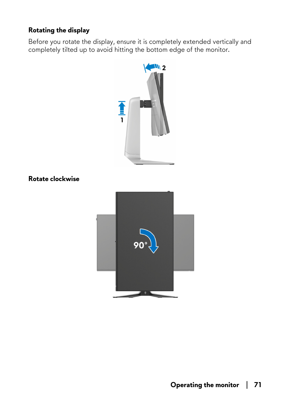 Rotating the display rotate clockwise | Alienware AW2723DF 27" 1440p 280Hz Gaming Monitor (Lunar Light) User Manual | Page 71 / 91