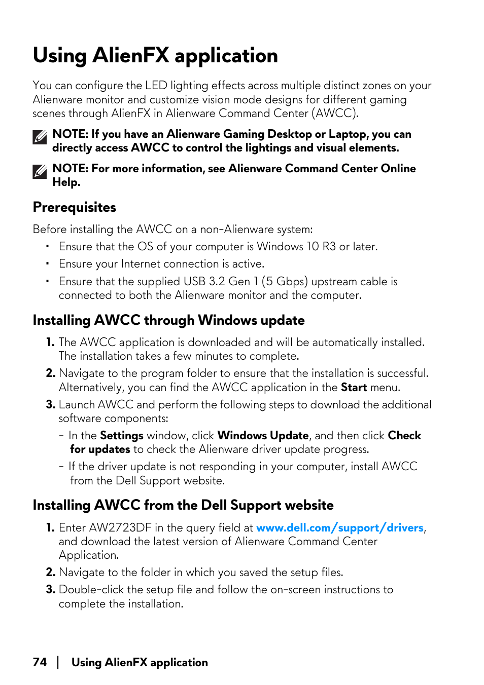 Using alienfx application, Prerequisites, Installing awcc through windows update | Installing awcc from the dell support website | Alienware AW2723DF 27" 1440p 280Hz Gaming Monitor (Lunar Light) User Manual | Page 74 / 91