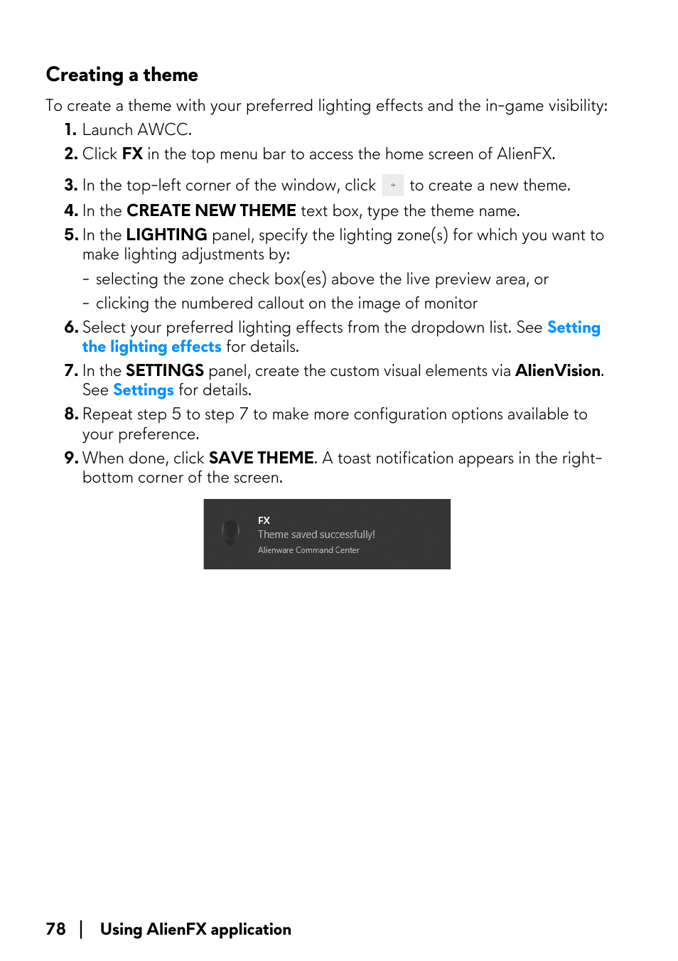 Creating a theme | Alienware AW2723DF 27" 1440p 280Hz Gaming Monitor (Lunar Light) User Manual | Page 78 / 91