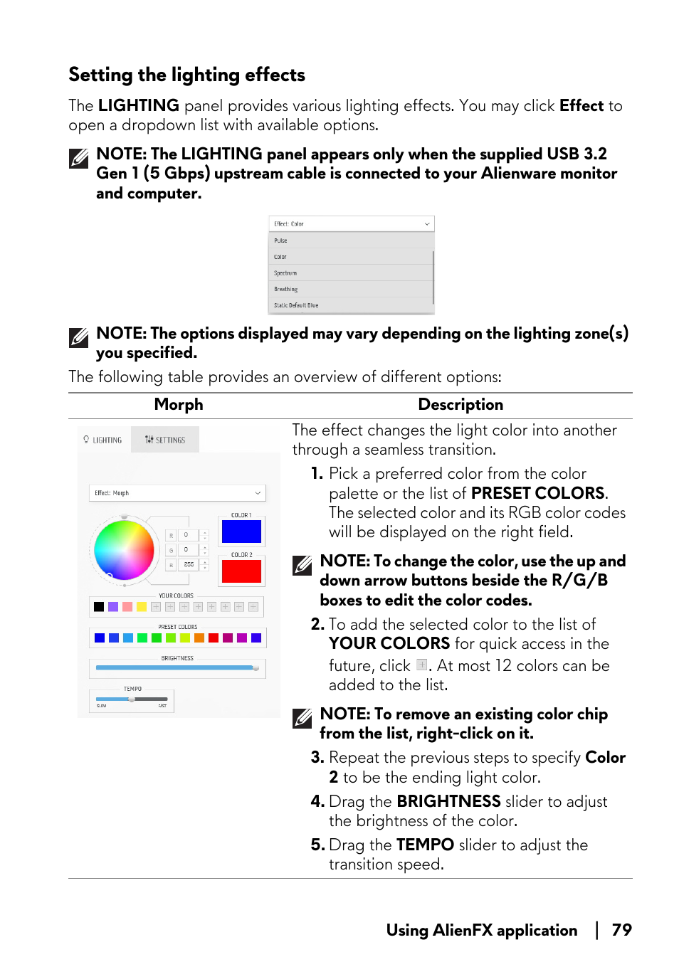 Setting the lighting effects, Setting, The lighting effects | Alienware AW2723DF 27" 1440p 280Hz Gaming Monitor (Lunar Light) User Manual | Page 79 / 91