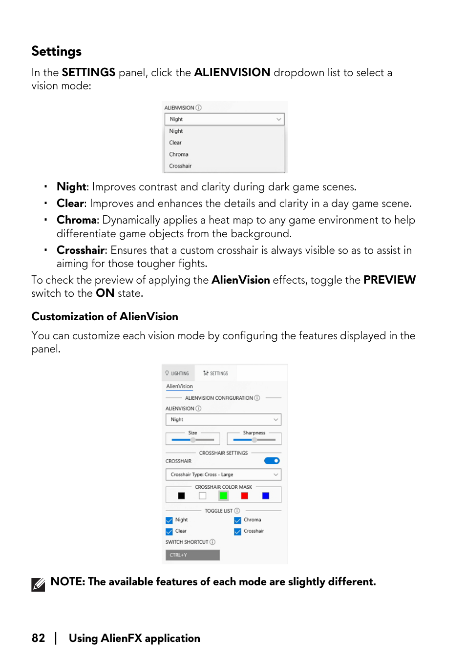 Settings, Customization of alienvision | Alienware AW2723DF 27" 1440p 280Hz Gaming Monitor (Lunar Light) User Manual | Page 82 / 91